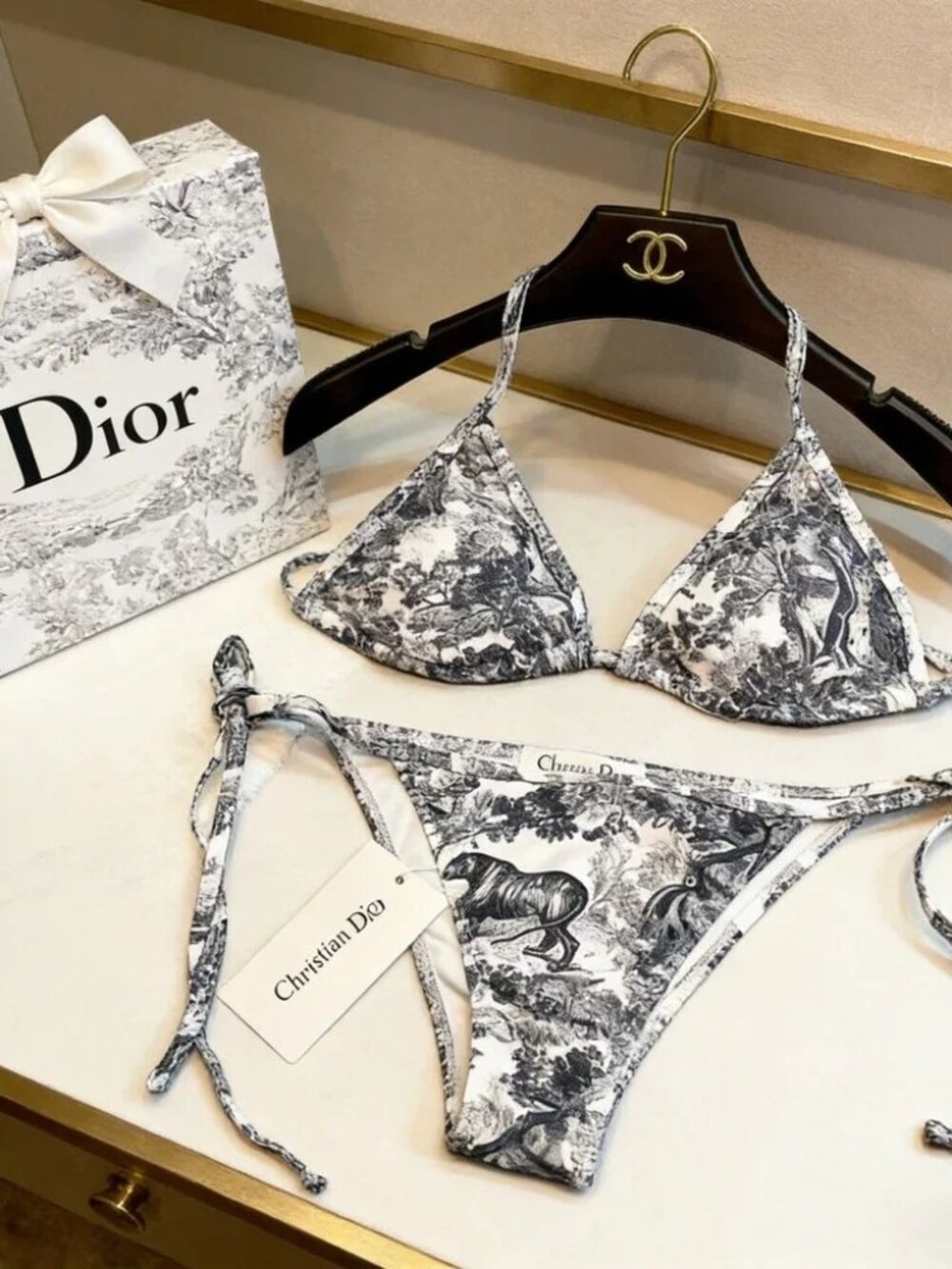 Christian Dior Women’s Toile Jouy Print Triangle Side Two Piece Bikini Swimsuit